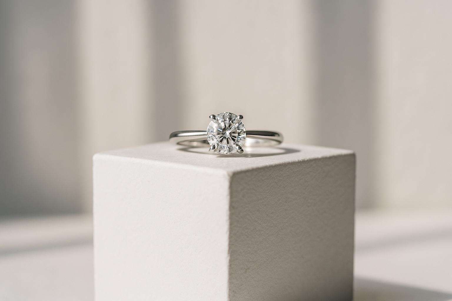 An editorial still life evoking engagement-ring shopping in aquamarine and gold
