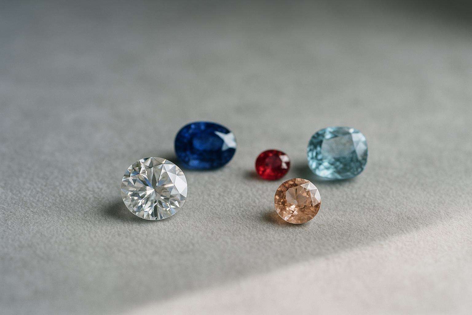 Loose faceted gemstones — diamond, blue sapphire, ruby, aquamarine, and morganite — arranged by descending size on pale grey velvet under diffused natural light